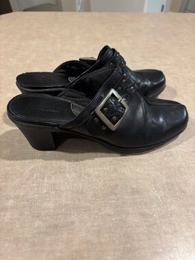 Clarks Black Leather Buckle Clog Mules